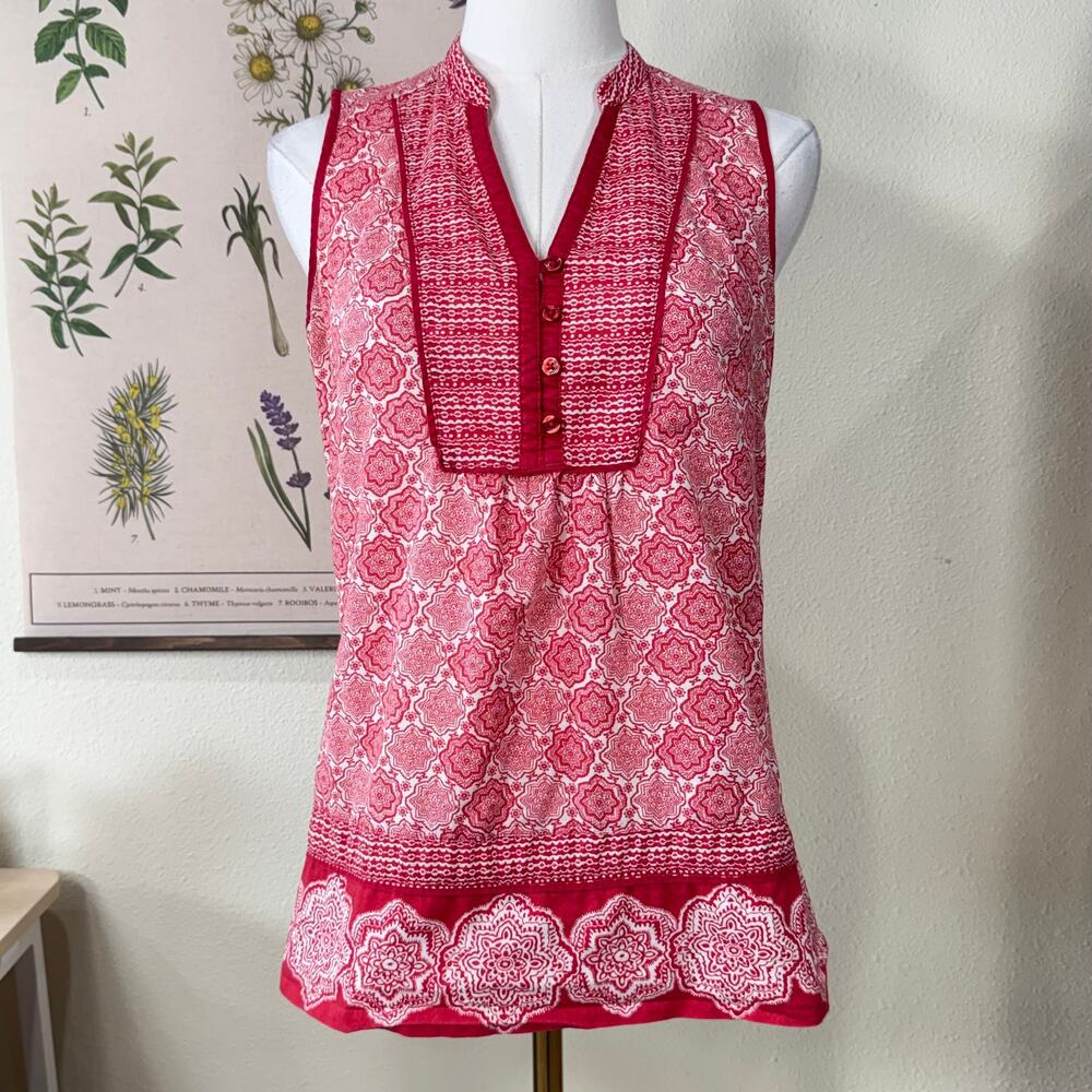 Y2k Red Print Cotton Tunic Tank Top Americana Coquette Coastal Grandma Cowgirl S